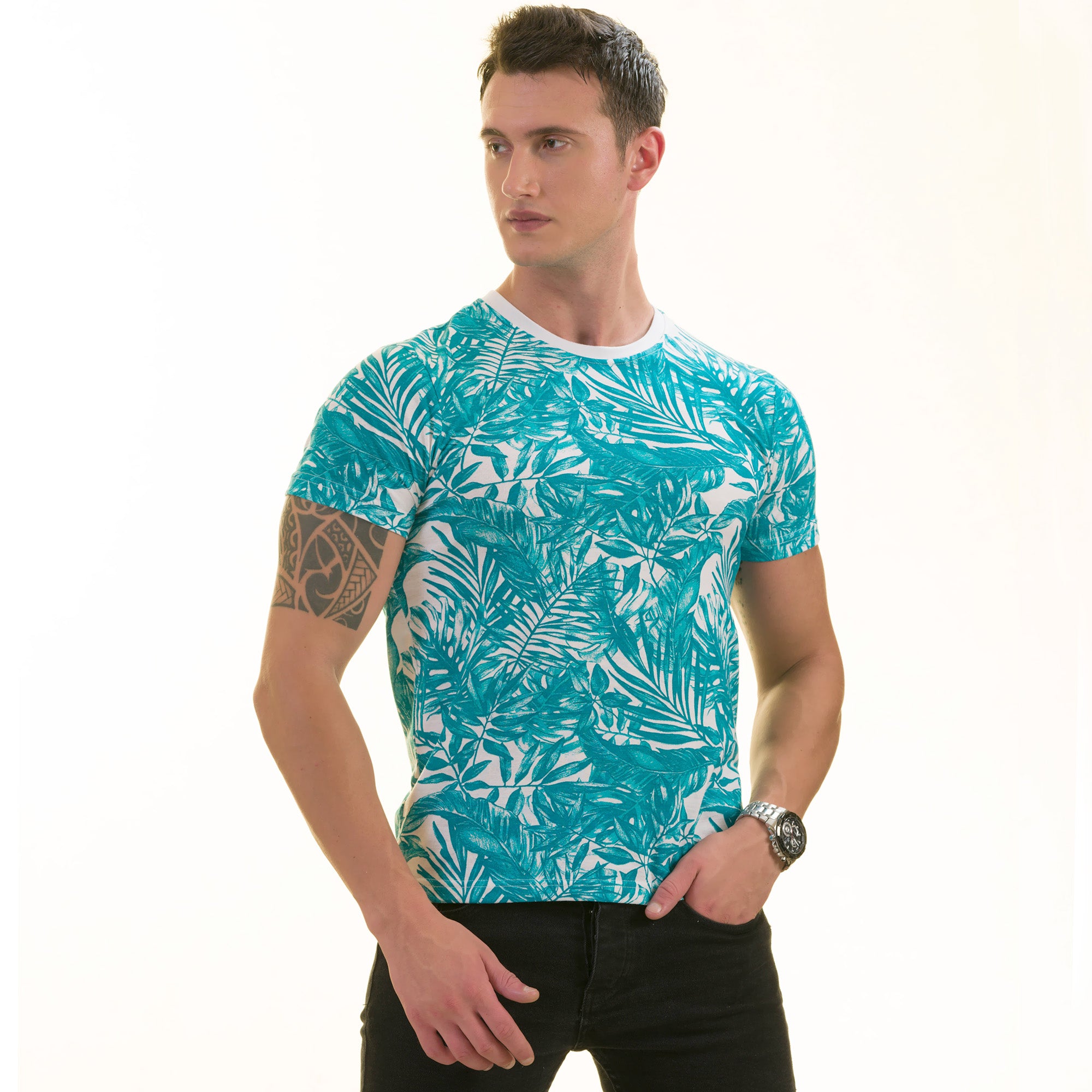 Blue Leaves Printed Premium T-Shirt for Men - European Made Crew Neck - Image 4