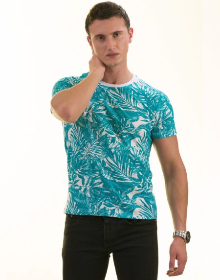 Blue Leaves Printed Premium T-Shirt for Men – European Made Crew Neck