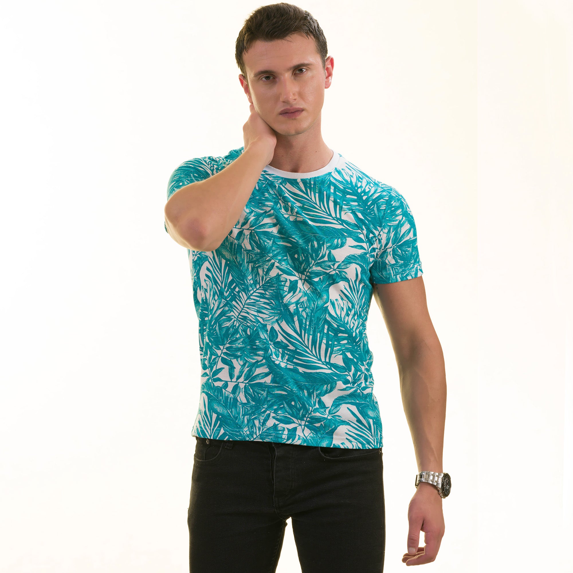 Blue Leaves Printed Premium T-Shirt for Men - European Made Crew Neck - Image 5