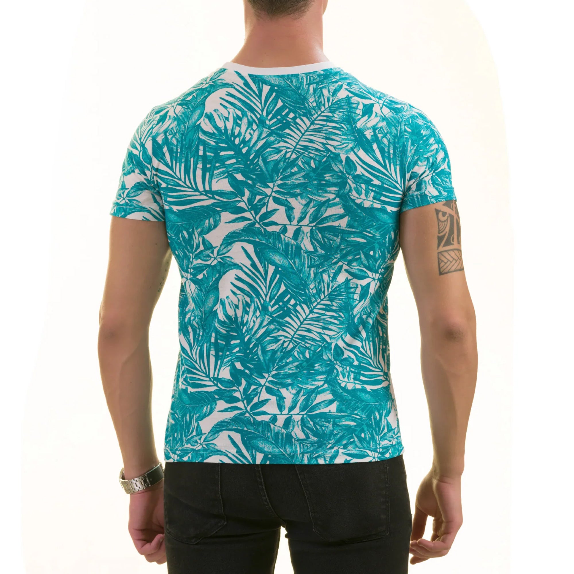 Blue Leaves Printed Premium T-Shirt for Men - European Made Crew Neck - Image 2