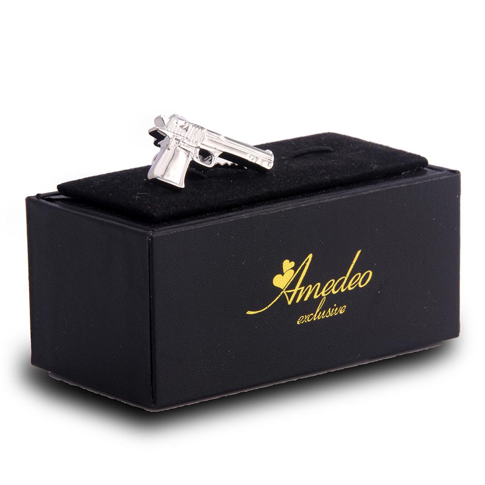 Men's Silver Gun Shiny Metallic Stainless Steel Tie Clips - Amedeo Exclusive