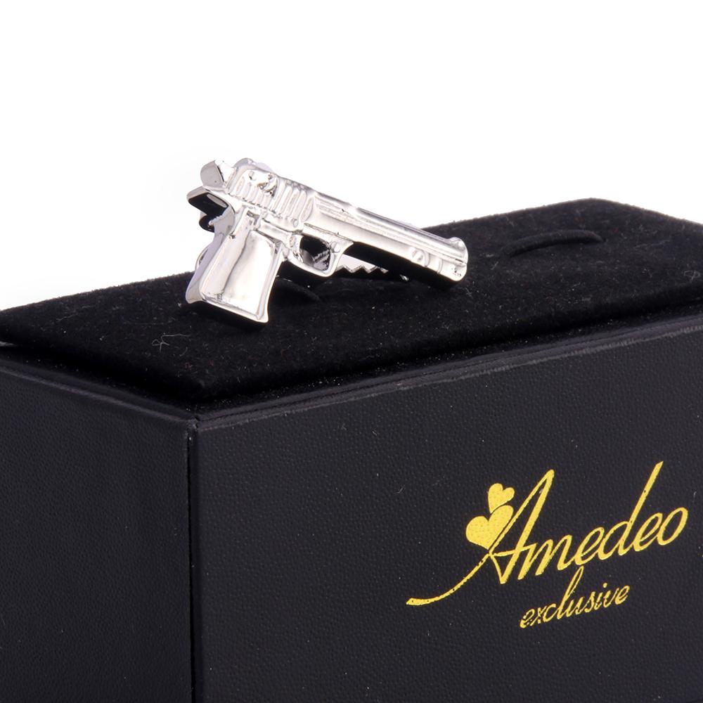 Men's Silver Gun Shiny Metallic Stainless Steel Tie Clips - Amedeo Exclusive