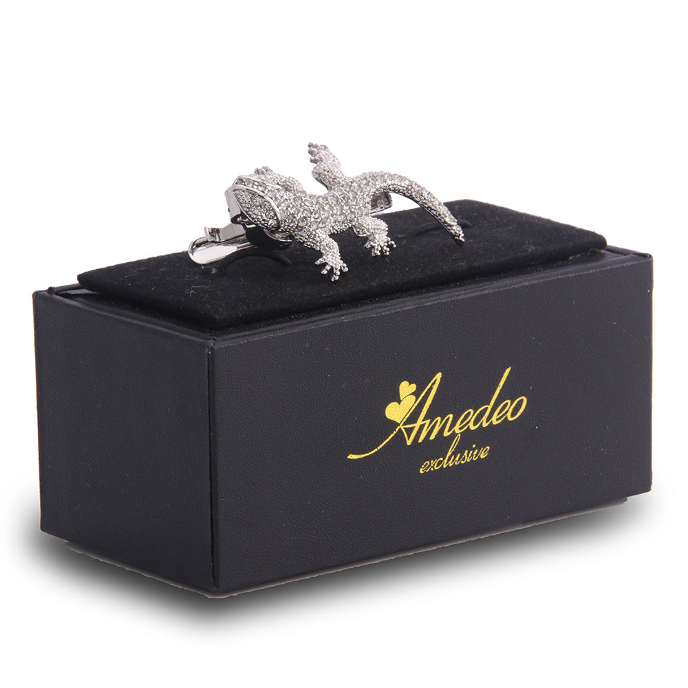 Men's Silver Aligator With Stones Shiny Metallic Stainless Steel Tie Clips - Amedeo Exclusive