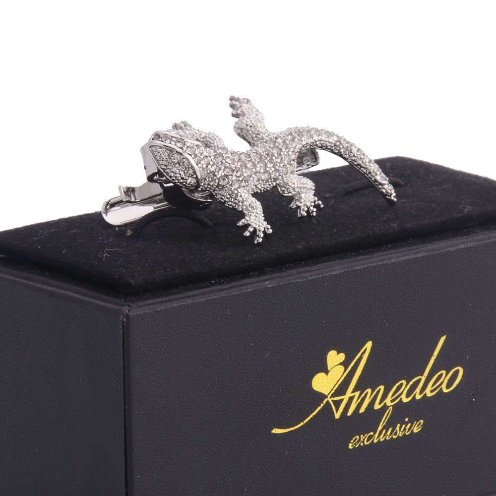 Men's Silver Aligator With Stones Shiny Metallic Stainless Steel Tie Clips - Amedeo Exclusive