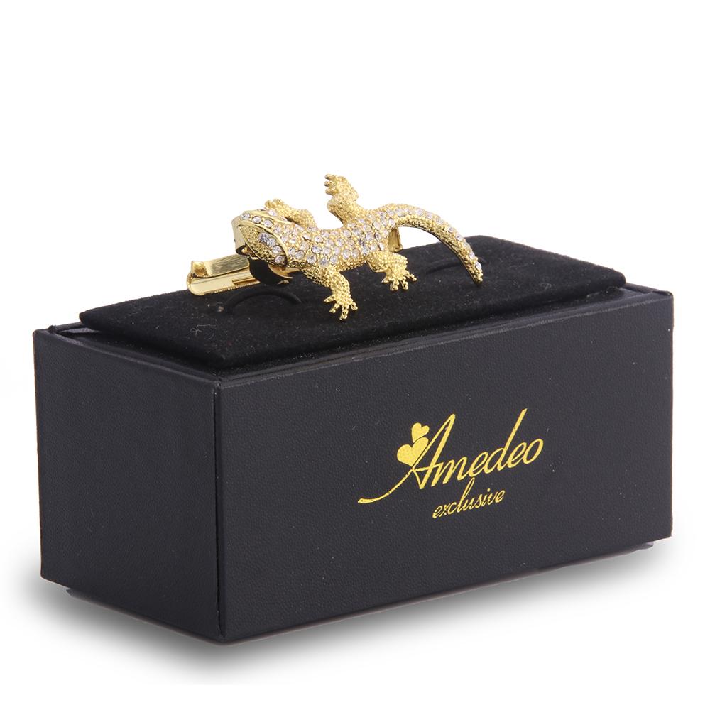 Men's Gold Aligator With Stones Metallic Stainless Steel Tie Clips - Amedeo Exclusive
