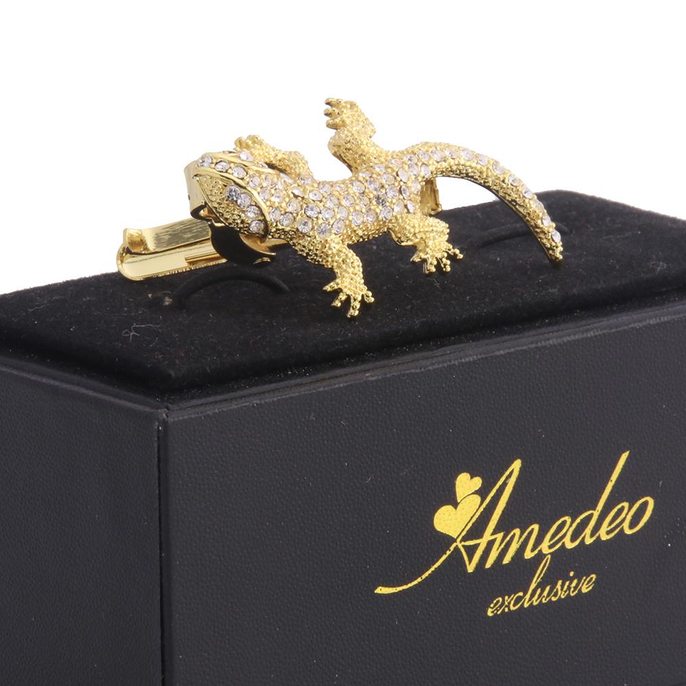 Men's Gold Aligator With Stones Metallic Stainless Steel Tie Clips - Amedeo Exclusive