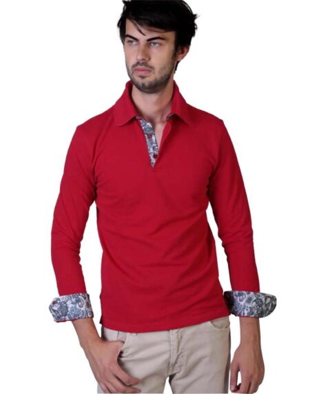 Red Paisley Mens Slim Fit Polo Shirts - 100% Soft Cotton - Tailored Comfortable Fit - Amedeo Exclusive
