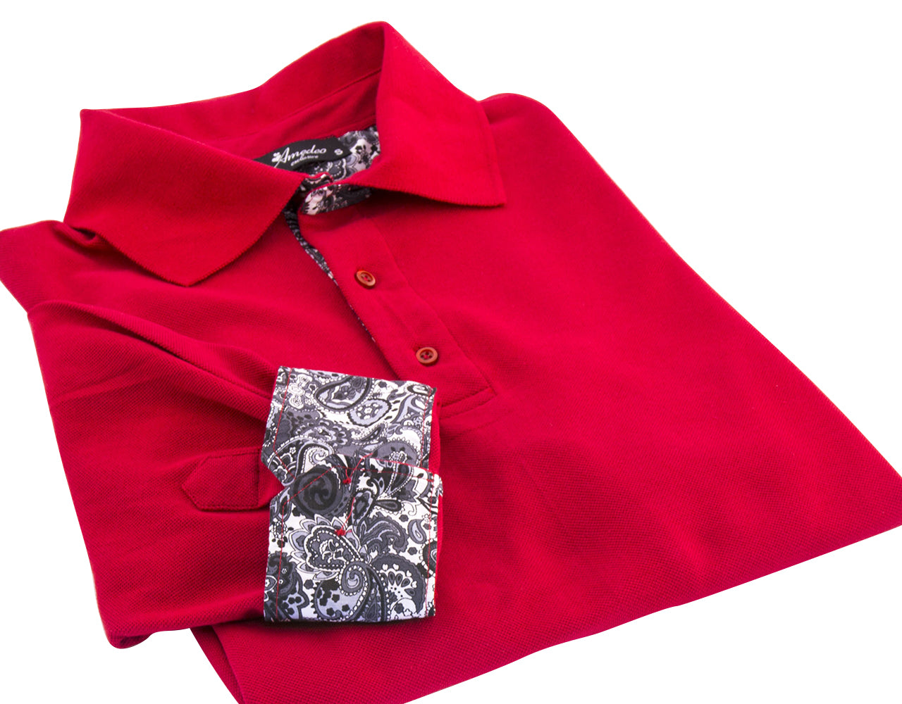 Red Paisley Mens Slim Fit Polo Shirts - 100% Soft Cotton - Tailored Comfortable Fit - Amedeo Exclusive