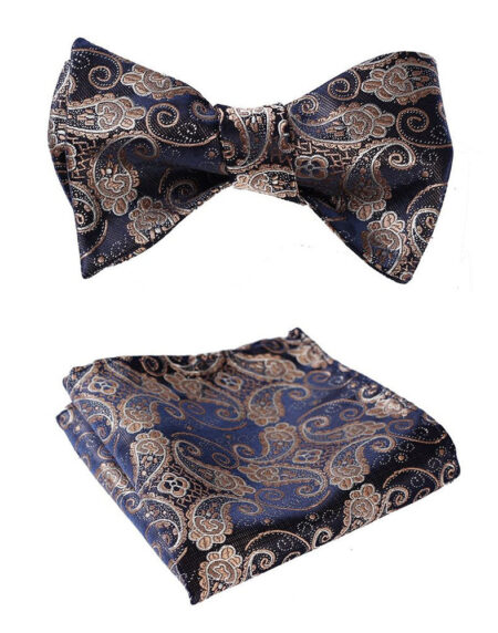 Gold Navy Blue Paisley Mens Silk Self tie Bow Tie with Pocket Squares Set - Amedeo Exclusive