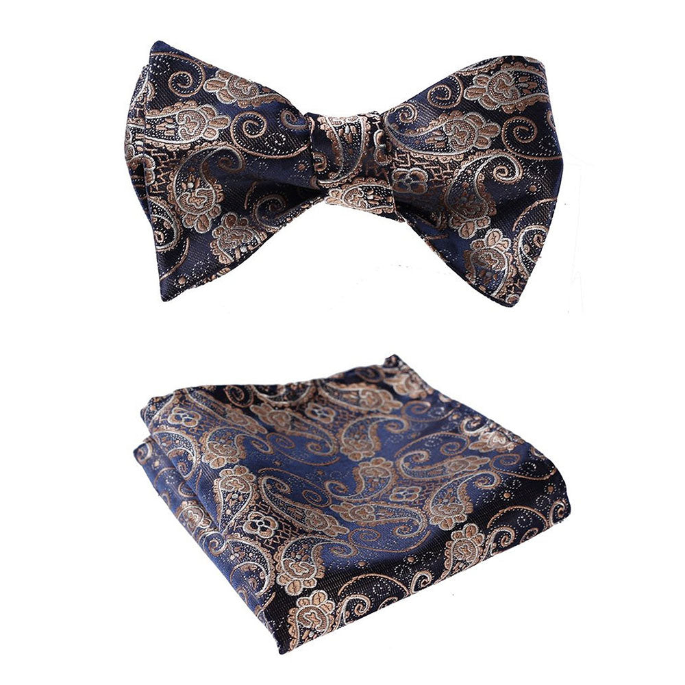 Gold Navy Blue Paisley Mens Silk Self tie Bow Tie with Pocket Squares Set - Amedeo Exclusive