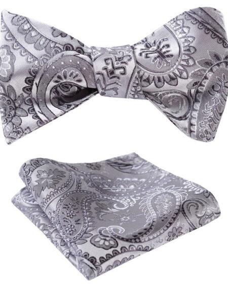 Gray Paisley Mens Silk Self tie Bow Tie with Pocket Squares Set - Amedeo Exclusive