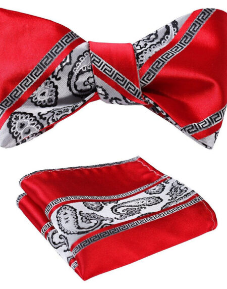 Red White Paisley Mens Silk Self tie Bow Tie with Pocket Squares Set - Amedeo Exclusive