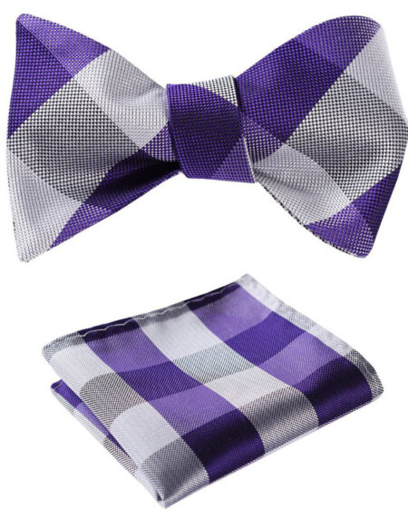 Purple Grey Check Mens Silk Self tie Bow Tie with Pocket Squares Set - Amedeo Exclusive