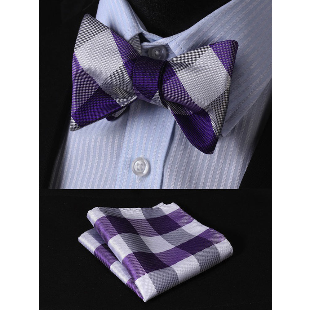 Purple Grey Check Mens Silk Self tie Bow Tie with Pocket Squares Set - Amedeo Exclusive