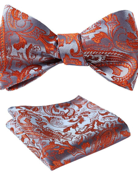 Red Brown Paisley Mens Silk Self tie Bow Tie with Pocket Squares Set - Amedeo Exclusive