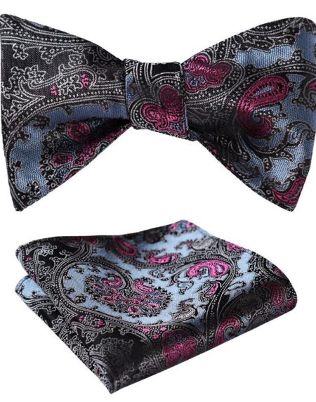 Blue & Pink Paisley Mens Silk Self tie Bow Tie with Pocket Squares Set - Amedeo Exclusive
