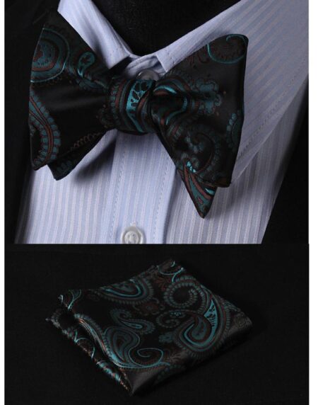 Black Mens Silk Self tie Bow Tie with Pocket Squares Set - Amedeo Exclusive