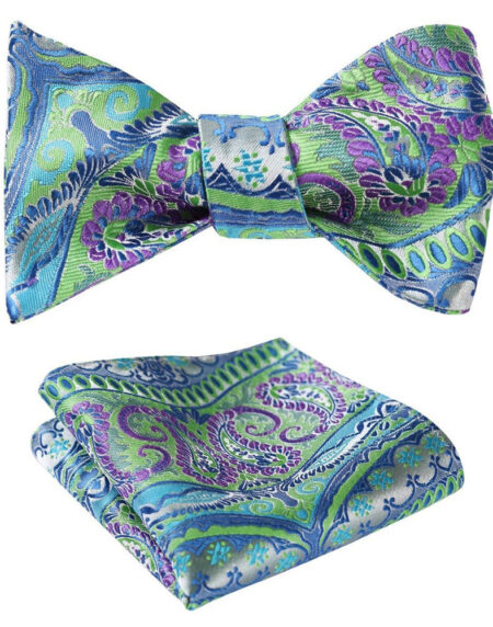 Green Light Mens Silk Self tie Bow Tie with Pocket Squares Set - Amedeo Exclusive
