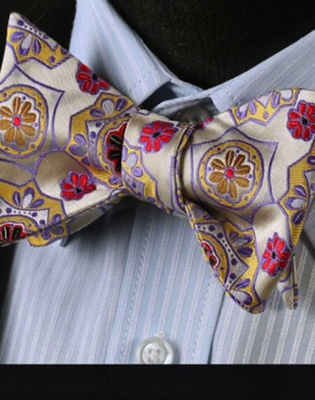 Red Gold & Yellow Floral Mens Silk Self tie Bow Tie with Pocket Squares Set - Amedeo Exclusive