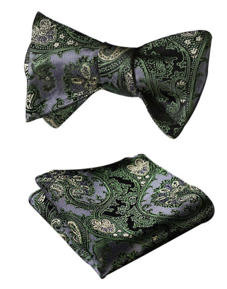 Green Textured Mens Silk Self tie Bow Tie with Pocket Squares Set - Amedeo Exclusive