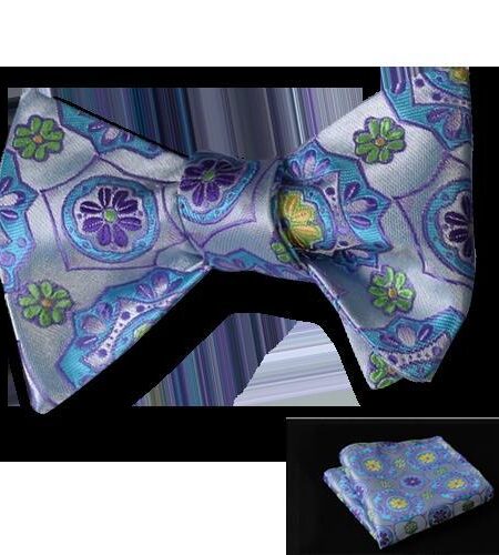 Men's Blue and Yellow Floral Silk Self Tie Bow Tie with Pocket Handkerchief - Amedeo Exclusive