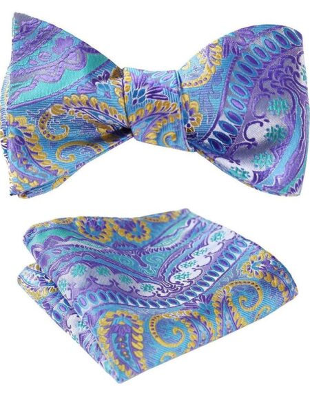 Men's Blue & Yellow Paisley Self Bow Tie & Pocket Handkerchief - Amedeo Exclusive