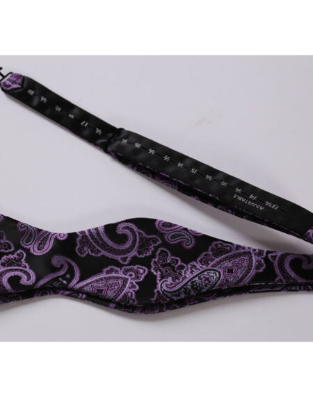 Men's Silk Purple Black Paisley Self Bow Tie & Pocket Handkerchief - Amedeo Exclusive