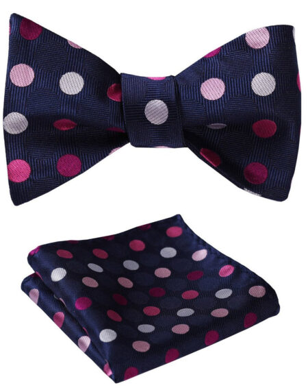 Men's Silk Pink Navy Blue Polka Dot Self Bow Tie Matching Handkerchief - Amedeo Exclusive