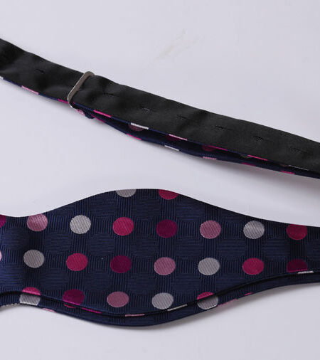 Men's Silk Pink Navy Blue Polka Dot Self Bow Tie Matching Handkerchief - Amedeo Exclusive