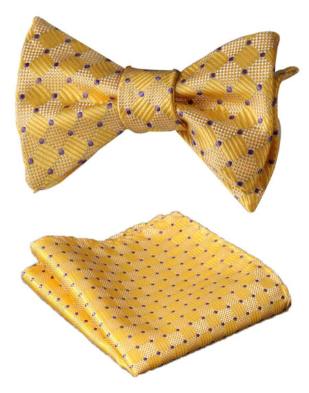 Men's Silk Solid Yellow Self Bow Tie & Pocket Square Handkerchief - Amedeo Exclusive