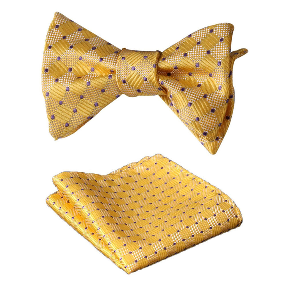 Men's Silk Solid Yellow Self Bow Tie & Pocket Square Handkerchief - Amedeo Exclusive