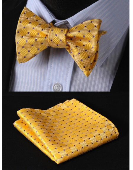 Men's Silk Solid Yellow Self Bow Tie & Pocket Square Handkerchief - Amedeo Exclusive