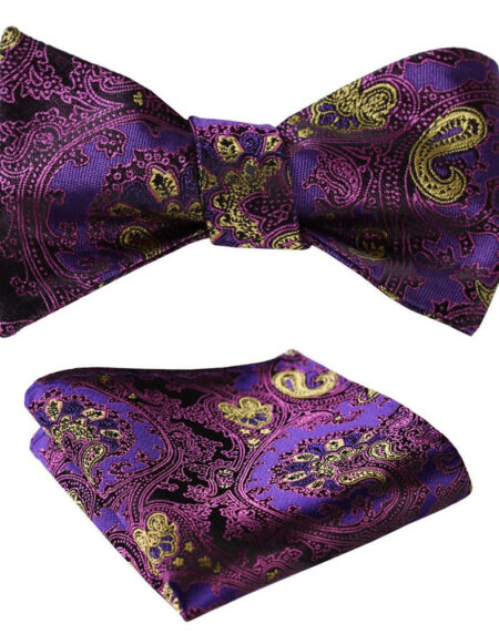 Purple & Yellow Mens Silk Self tie Bow Tie with Pocket Squares Set - Amedeo Exclusive