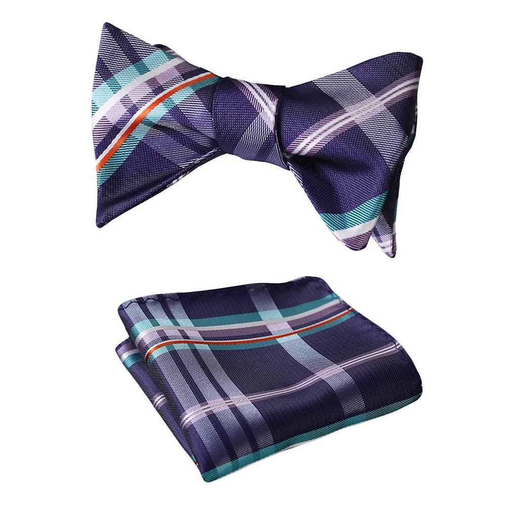Men's Purple Aqua Orange Check Bow Tie & Pocket Handkerchief - Identical 54 - Amedeo Exclusive