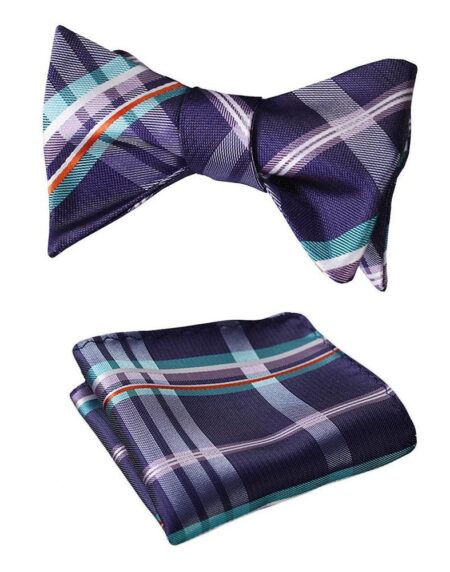 Men's Purple Aqua Orange Check Bow Tie & Pocket Handkerchief - Identical 18 - Amedeo Exclusive