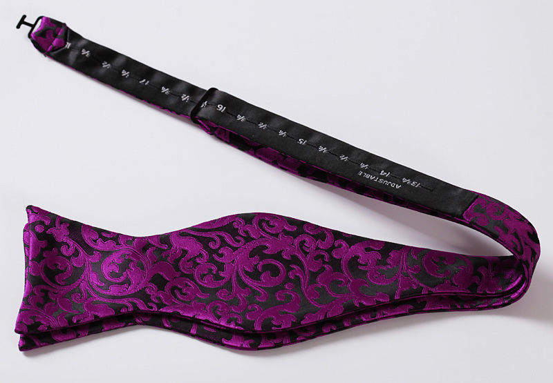 Men's Hot Purple Black Floral Silk Self Bow Tie With Handkerchief - Amedeo Exclusive