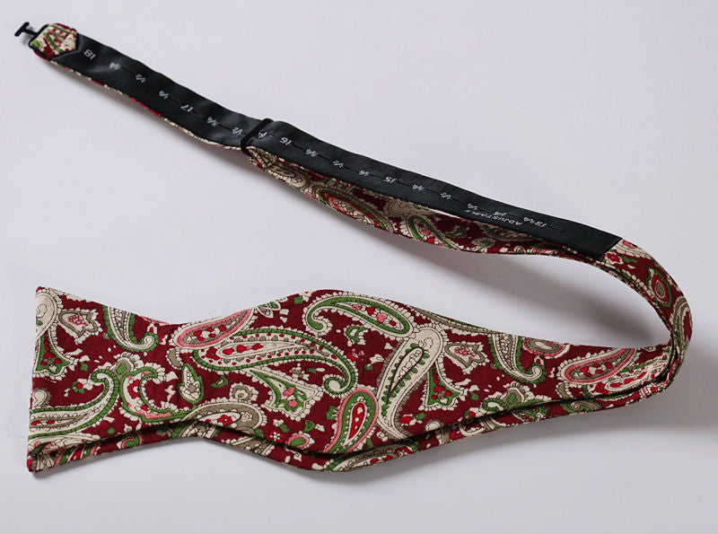 Burgundy Green Paisley Mens Silk Self tie Bow Tie with Pocket Squares Set - Amedeo Exclusive