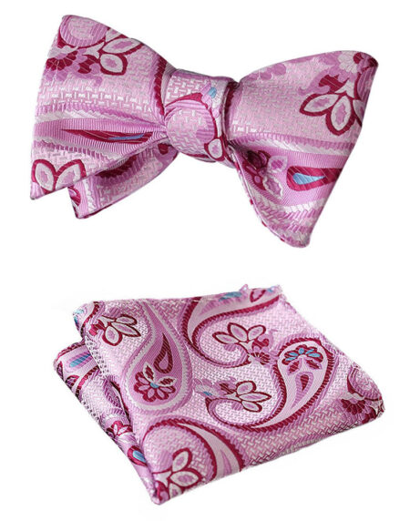 Men's Pink Blue Paisley Silk Self Bow Tie Handkerchief - Amedeo Exclusive
