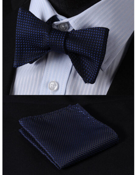 Navy Blue Check Mens Silk Self tie Bow Tie with Pocket Squares Set - Amedeo Exclusive