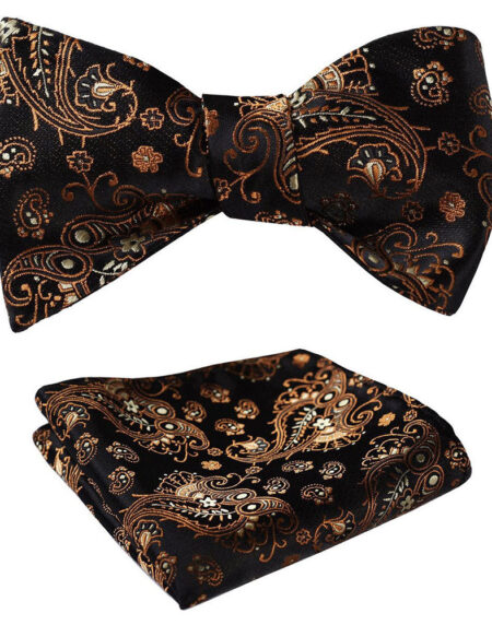 Brown Paisley Mens Silk Self tie Bow Tie with Pocket Squares Set - Amedeo Exclusive