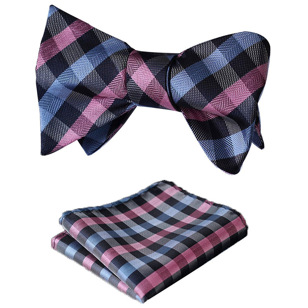 Pink Blue Mens Silk Self tie Bow Tie with Pocket Squares Set - Amedeo Exclusive