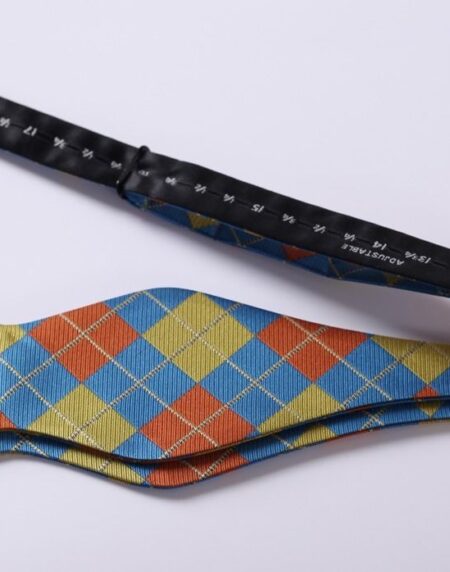 Men's Olive Orange Blue Check Silk Self Bow Tie With Handkerchief - Amedeo Exclusive