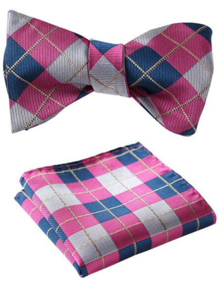 Men's Pink Gray Check Silk Self Bow Tie & Handkerchief - Amedeo Exclusive