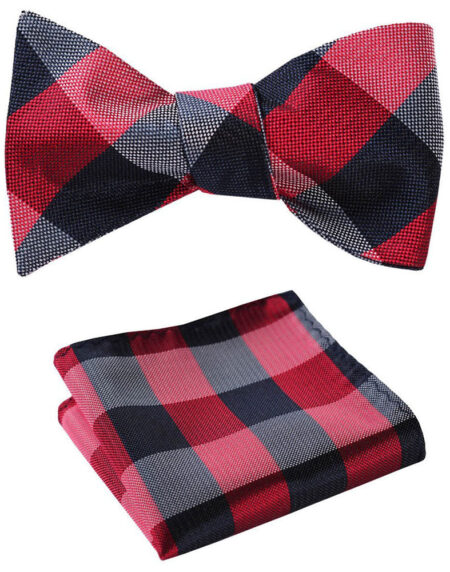 Men's Red Navy Blue Check Silk Self Bow Tie & Handkerchief - Amedeo Exclusive