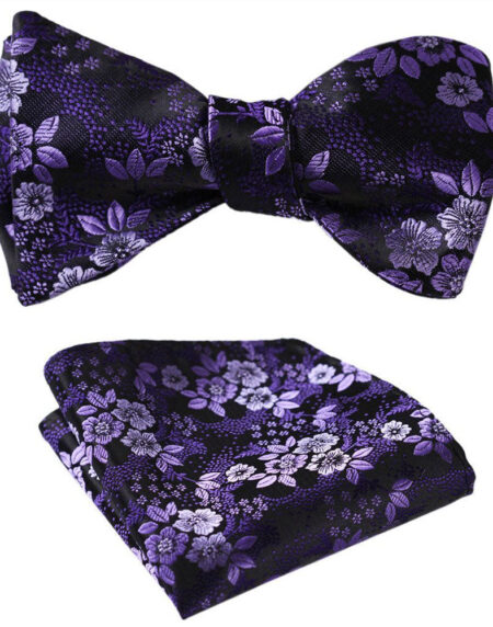 Men's Purple Floral Silk Self Bow Tie & Handkerchief - Amedeo Exclusive