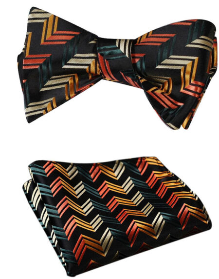 Orange Black Stripe Mens Silk Self tie Bow Tie with Pocket Squares Set - Amedeo Exclusive