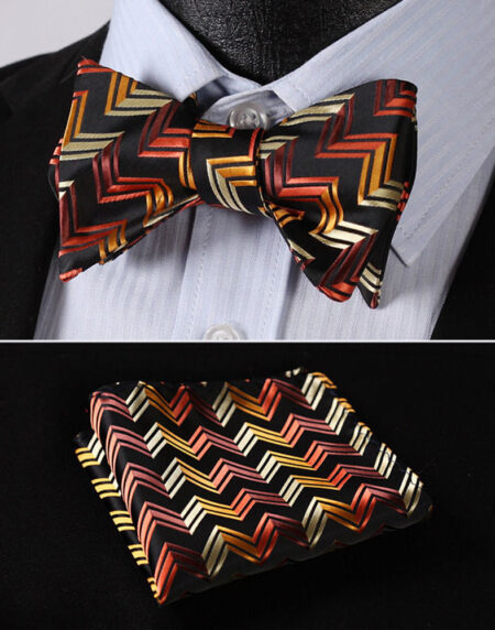 Orange Black Stripe Mens Silk Self tie Bow Tie with Pocket Squares Set - Amedeo Exclusive