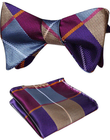 Multicolor Check Mens Silk Self tie Bow Tie with Pocket Squares Set - Amedeo Exclusive