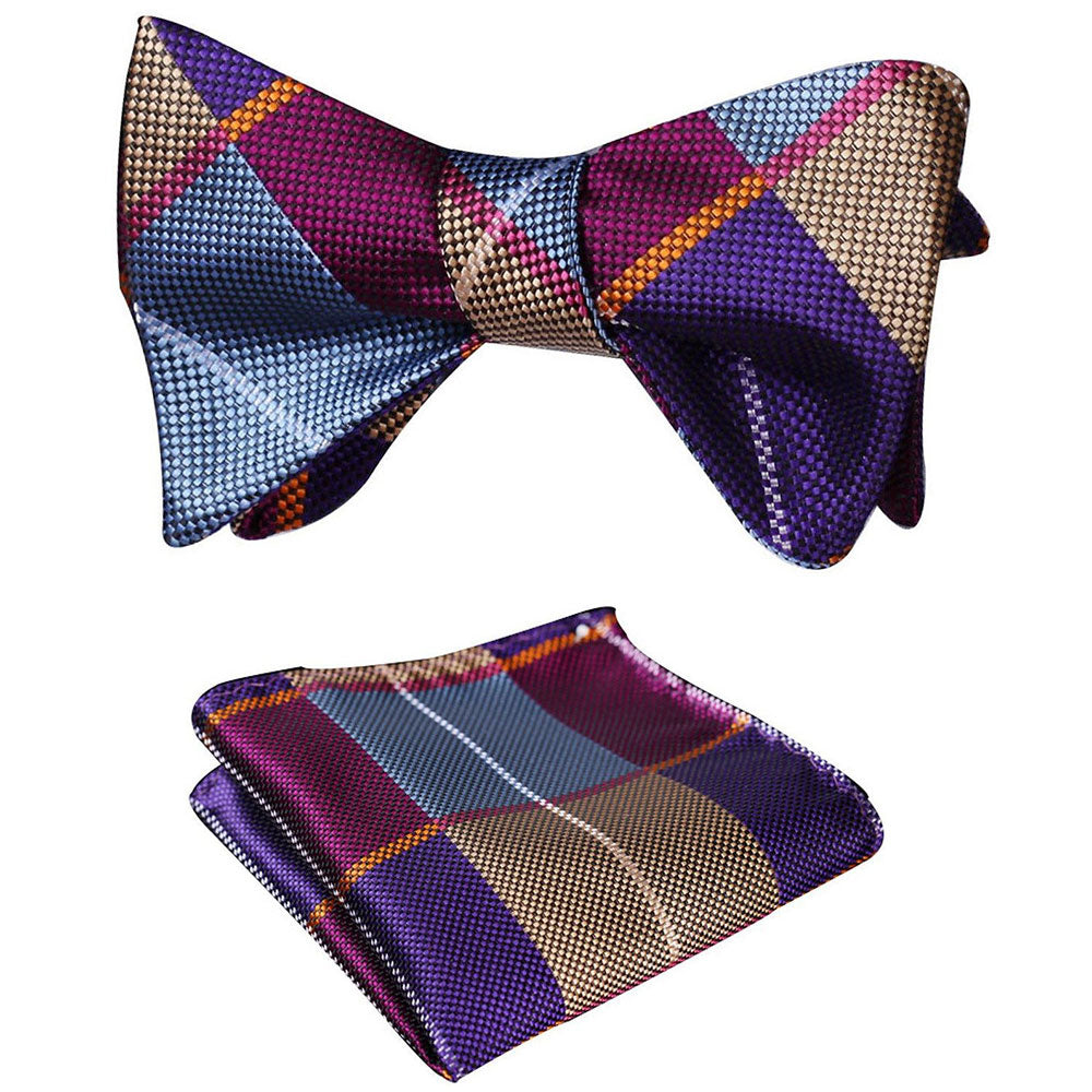 Multicolor Check Mens Silk Self tie Bow Tie with Pocket Squares Set - Amedeo Exclusive