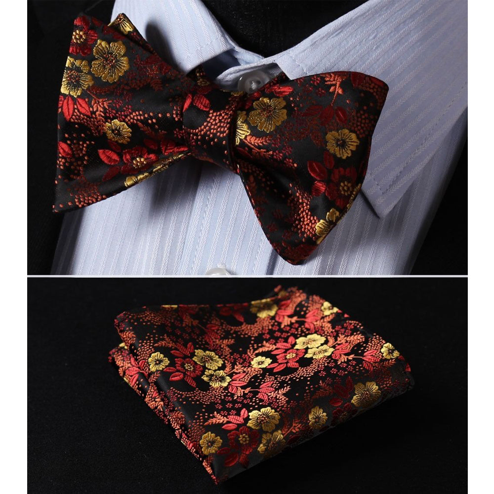 Men's Silk Orange Floral Self Bow Tie Pocket Handkerchief - Amedeo Exclusive